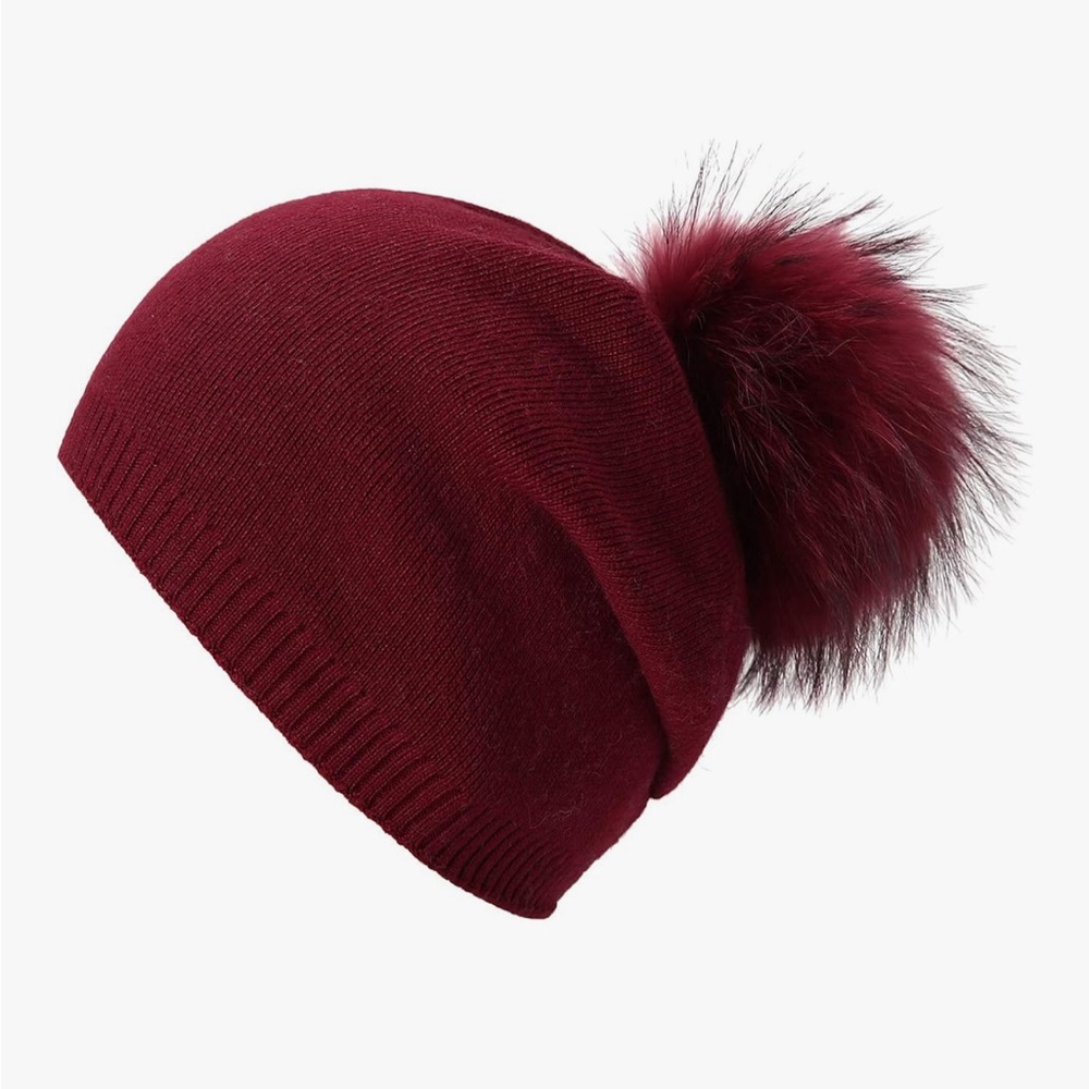 Red Knit Beanie with Removable Faux Fur Pom